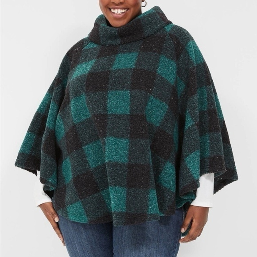 Lane Bryant Green and Black Plaid Cowlneck Pullover Poncho Sz 14/16 - Picture 2 of 7